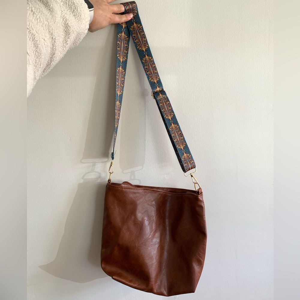 Brown Crossbody Bag with Patterned Strap